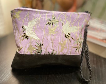 Kimono Fabric Leather Crane Bird Pink Cosmetic Makeup Bag Handwoven  Wristlet Wallet