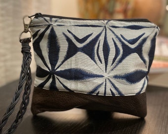 Kravet Beautiful Indigo Dyed Upholstery  Designer Fabric Cosmetic Makeup Bag Handwoven  Leather Wristlet Wallet Cute