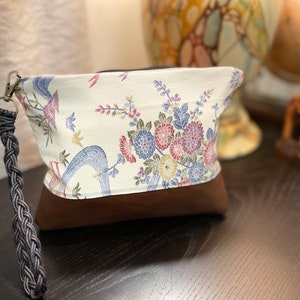 Vintage Kimono Silk Leather Cosmetic Bag Handwoven  Wristlet Wallet