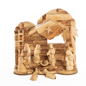 Wooden Nativity Set for Christmas Made of Olive Wood in the Holy Land - 13 Piece Nativity Scene Set with Music Box