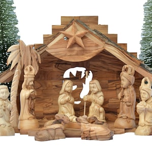 Large Nativity Set | Olive Wood Christmas Nativity Set Made in the Holy Land | Nativity Christmas Décor with Camel Gift | Manger Scene