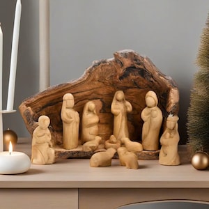 Wooden Nativity Set | Olive Wood Nativity Scene 12 piece Figurine inside Olive Wood Branch | Christmas Nativity Handmade