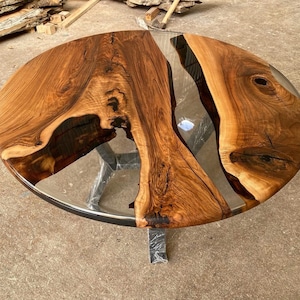 Kundenspezifischer Auftrag Walnuss-runder Rand klarer transparenter runder Durchmesser Epoxy Esstisch- Couchtisch-Beistelltisch- Küchentisch-% 100 HANDMADE