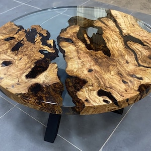 Custom Order Diameter Round Olive Wood Clear Epoxy Dining Table, Round Epoxy Coffee Table,Dining Table, Office Table, Resin -%100 HANDMADE