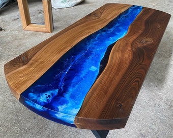 Aangepaste volgorde walnoot hout blauw witte oceaan zee İce ovale epoxyhars tafel-epoxy tafelblad-epoxy salontafel-hars eettafel-%100 HANDGEMAAKT