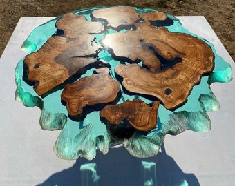Custom Order Olive Teal Color Green Clear Round Diameter Epoxy Resin Table-River Table-Dining Table-Coffee Table-Kitchen Table %100 HANDMADE