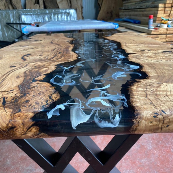 Custom Order Olive Wood Smoke Grey White Wavy Epoxy Resin Dining Table/Coffee Table /Dine Table/ End Table/ %100 HANDMADE