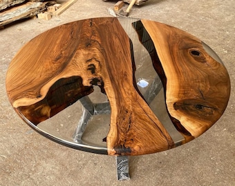 Custom Order Walnut Round Edge Clear Transparent Round Diameter Epoxy Dining Table- Coffee Table- End Table- Kitchen Table- %100 HANDMADE