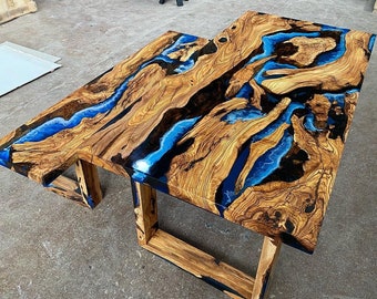 Custom Order Olive Wood Lighter Blue River Resin Epoxy Table Bench Set -Dining Table -Kitchen Table -Coffee Table-Office Table-%100 HANDMADE
