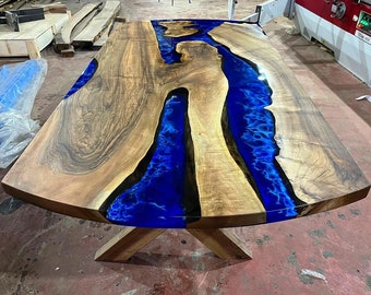 Made to Order Special Walnut Wood Ocean İce Dark Blue White Oval Epoxy Dining Table -Coffee Table - River Table - Resin Table -%100 HANDMADE