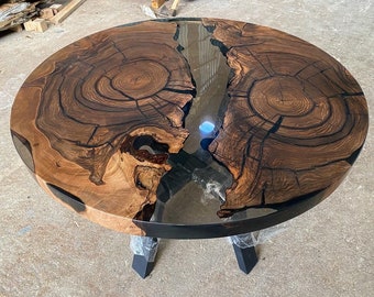 Custom Order Diameter Round Dark Walnut Wood Smokey Gray Epoxy Dining Table-Coffee Table-End Table- Office Table- Table Resin -%100 HANDMADE