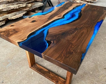 Custom Order Dark Walnut Wood Deep Blue White Ocean Sea İce Epoxy Resin Dining Table- Coffee Table- End Table-Conference Table-%100 HANDMADE