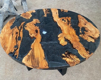 Custom Order Olive Wood Round Diameter Metallic Gray Epoxy Dining Table- Resin Table- Epoxy Coffee Table- Resin End Table- %100 HANDMADE