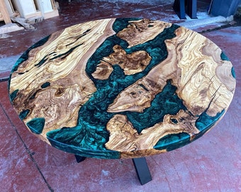 Custom Made Olive Wood Dark Emerald Green Clear Round Diameter Epoxy Resin Dining Table-River Table-Coffee Table-Kitchen Table %100 HANDMADE