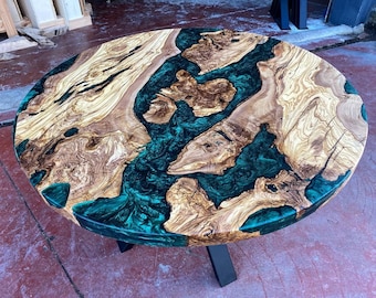 Custom Made Olive Wood Dark Emerald Green Clear Round Diameter Epoxy Resin Dining Table-River Table-Coffee Table-Kitchen Table %100 HANDMADE