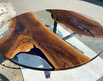 Custom Order Walnut Clear Transparent Brown Round Diameter Epoxy Dining Table- Resin Coffee Table- End Table- Kitchen Table- %100 HANDMADE