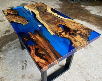 Made to Order Dark Hackberry Wood Blue Transparent Clear Epoxy River Dining Table- Resin Coffee Table- End Table-Office Table- %100 HANDMADE