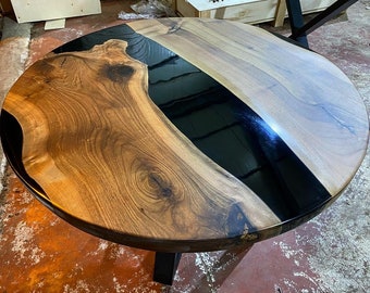 Custom Order Walnut Wood Black Round Diamater Epoxy Table-Epoxy End Table-Resin Table-River Table- Dining Table- Coffee Table-%100 HANDMADE