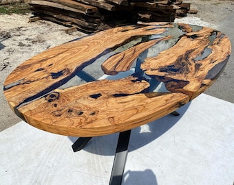 Made To Order Olive Wood Transparent Oval Clear Resin Epoxy Table - River Table- Dining Table- Coffee Table-Kitchen Table- %100 HANDMADE