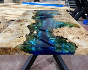 Custom Order Poplar Wood Blue River Epoxy Table- Dining Table - Kitchen and Dining - Coffee Table - Office Table - Live Edge - %100 HANDMADE