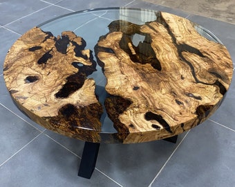 Custom Order Diameter Round Olive Wood Clear Epoxy Dining Table, Round Epoxy Coffee Table,Dining Table, Office Table, Resin -%100 HANDMADE