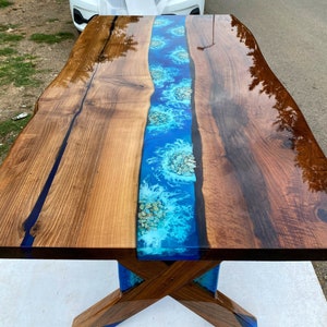 Custom Order Glossy Walnut Aquarium Blue Epoxy Table -ocean Table-river ...