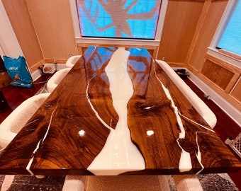 Custom Order Glossy Walnut Wood White Epoxy Resin Table- Dining Table- Coffee Table- End Table- Special Stainless Titanium Leg-%100 HANDMADE