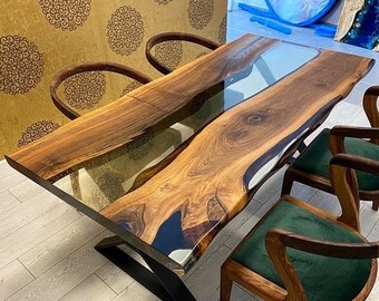 Mesa de comedor de resina epoxi transparente de madera de nogal hecha a medida, mesa de centro, mesa de cocina, lados redondos, mesa de oficina, 100 % HECHA A MANO