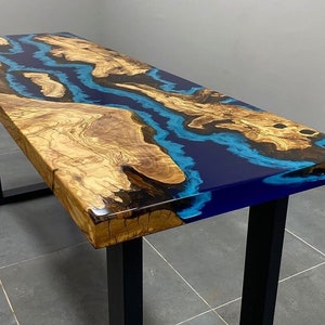 Made To Order Olive Wood Blue Turquoise White Ocean Epoxy Bar- Epoxy Dining Table-Epoxy Coffee Table- End Table-River Table -%100 HANDMADE