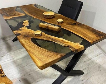 Handmade epoxy table, Transparent Furniture Live Edge, Special Epoxy Wood Resin table,Home decoration,Clear Dining Table , Smokey Gray Table