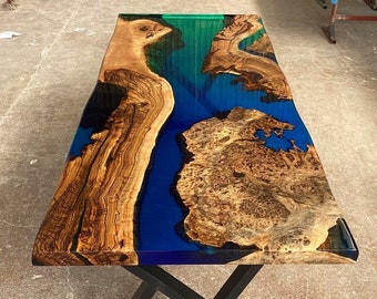 Custom Order Hackberry Wood Blue Green Epoxy Dining Table-River Resin Table-Curved Edge-Coffee Table-Kitchen Table-Resin Table-%100 HANDMADE