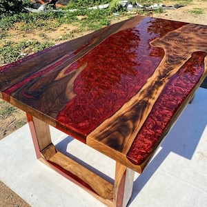 Custom Order Walnut Wood Red Metallic Epoxy Table -Live Edge-Resin Table-River Table- Dining Table- Coffee Table-Special Legs-%100 HANDMADE