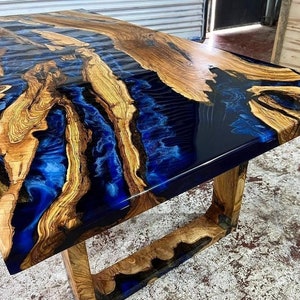 Olive Wood Coffee Table with Slate Blue Epoxy River Encasement