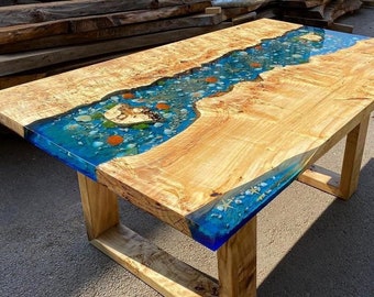 Custom Order Poplar Aquarium Blue Epoxy Table - Orange Table- River Table- Dining Table- Coffee Table- Special Wooden Legs- %100 HANDMADE