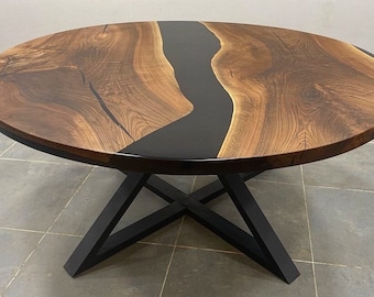 Custom Order Walnut Wooden Black Round Diamater Epoxy Table-Epoxy End Desk-Resin Table-River Table- Dining Table- Coffee Table-%100 HANDMADE