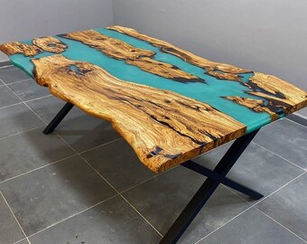 Custom Order Olive Wood Teal Color Turquoise Clear Live Edge Epoxy Table-River Table-Dining Table-Coffee Table-Kitchen Table %100 HANDMADE