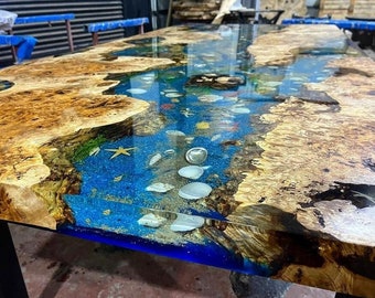 Special Unique Poplar Wood River Blue Green Tropical Design Aquarium Epoxy Table-Resin Table-Dining Table-Coffee Table-Ocean-%100 HANDMADE