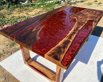 Custom Order Walnut Wood Red Metallic Epoxy Table -Live Edge-Resin Table-River Table- Dining Table- Coffee Table-Special Legs-%100 HANDMADE