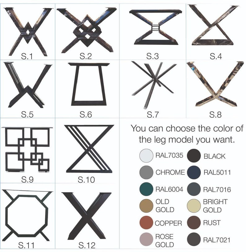 May include: A chart showing 12 different table leg designs, labeled S.1 through S.12.  You can choose the color of the leg model you want.  The color options are: RAL7035, BLACK, CHROME, RAL5011, RAL6004, RAL7016, OLD GOLD, BRIGHT GOLD, COPPER, RUST, ROSE GOLD, and RAL7021.