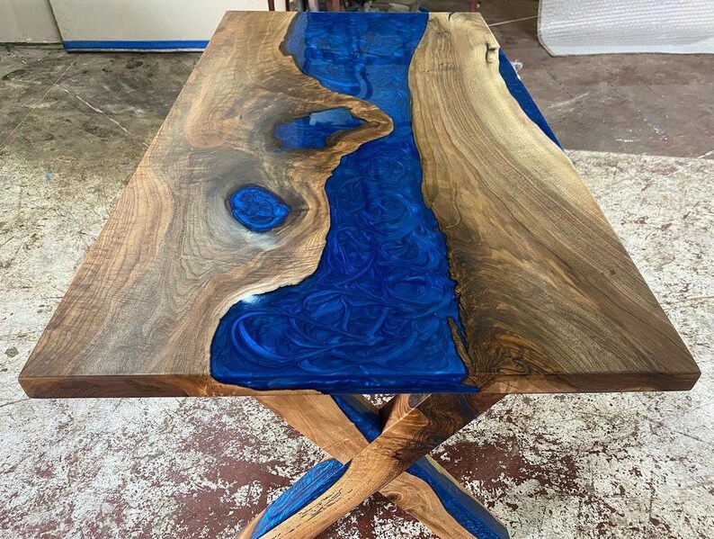 Made to Order Dark Walnut Metallic Blue Epoxy Table Live Etsy