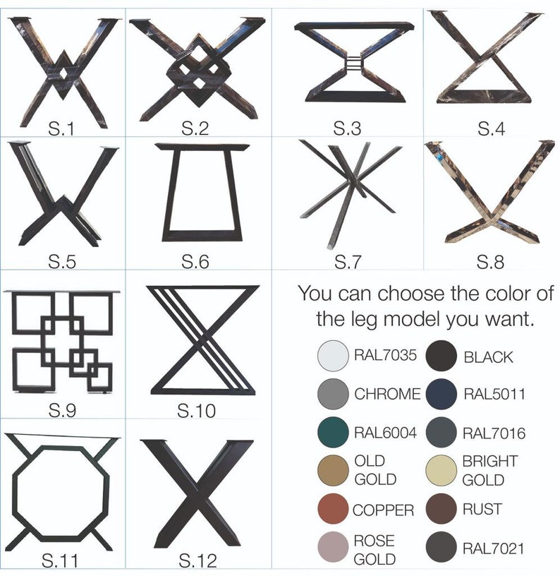 May include: Twelve different table leg designs, labeled S.1 through S.12. You can choose the color of the leg model you want. Color options include RAL7035, Black, Chrome, RAL5011, RAL6004, RAL7016, Old Gold, Bright Gold, Copper, Rust, Rose Gold, and RAL7021.