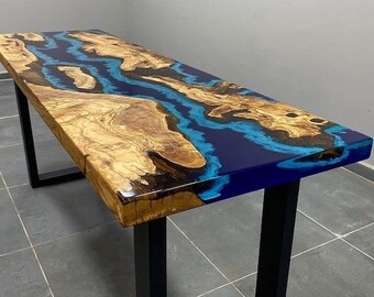 Made To Order Olive Wood Blue Turquoise White Ocean Epoxy Bar- 84"x20"x42"- voor George- GERESERVEERD