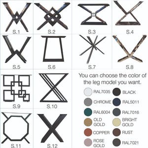 May include: Twelve different table leg designs, labeled S.1 through S.12. You can choose the color of the leg model you want. Color options include RAL7035, Black, Chrome, RAL5011, RAL6004, RAL7016, Old Gold, Bright Gold, Copper, Rust, Rose Gold, and RAL7021.