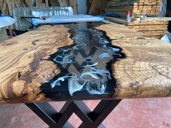 Custom Order Olive Wood Smoke Grey White Wavy Epoxy Resin Dining