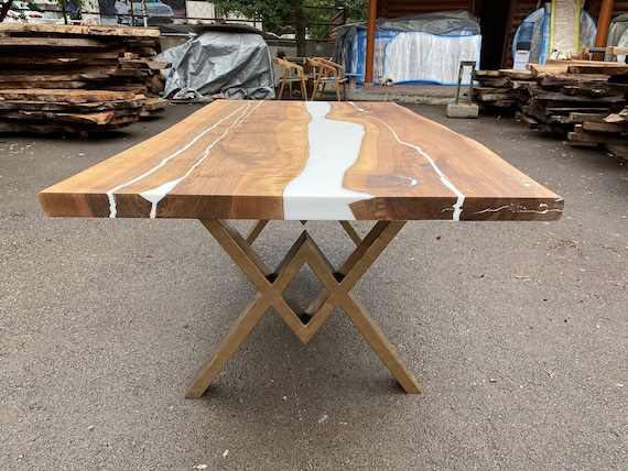 Custom Order Natural Walnut White Epoxy Table live Edge River