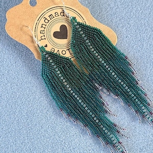 Long Teal Fringe with Crystal & Amethyst Accents, Handmade Fringe Earrings, Beaded Fringe Earrings, Bead Earrings