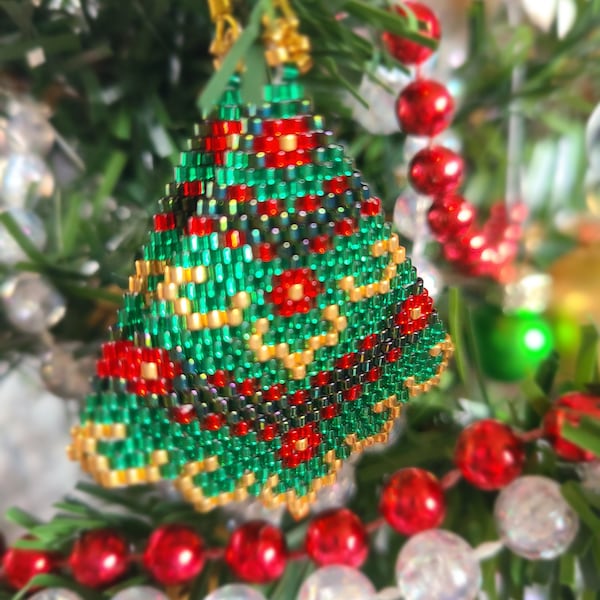 Beaded Christmas Earrings, Traditional Indigenous Beading, Red, Green, Copper or Gold Trim, Christmas Tree, Earrings