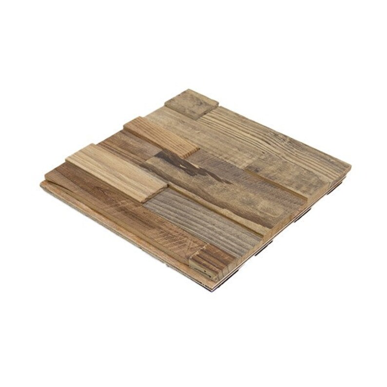 May include: A square wall tile made of reclaimed wood with a rustic, natural finish. The tile is made up of several pieces of wood, each with a different grain pattern and color. The tile is perfect for adding a touch of rustic charm to any room.