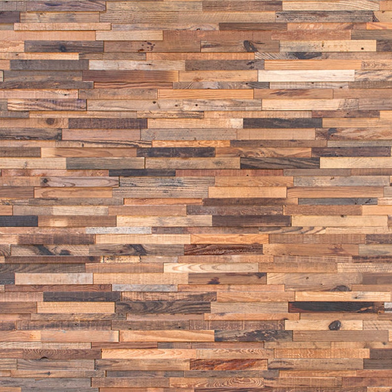 May include: A wall made of reclaimed wood planks in various shades of brown, gray, and beige. The planks are arranged in a horizontal pattern, creating a rustic and textured look.
