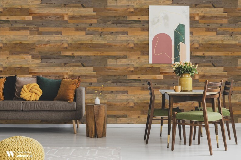 May include: A living room with a brown sofa, a wooden side table, and a dining table with four chairs. The walls are covered in reclaimed wood panels. There is a painting on the wall with abstract shapes in pink and green.